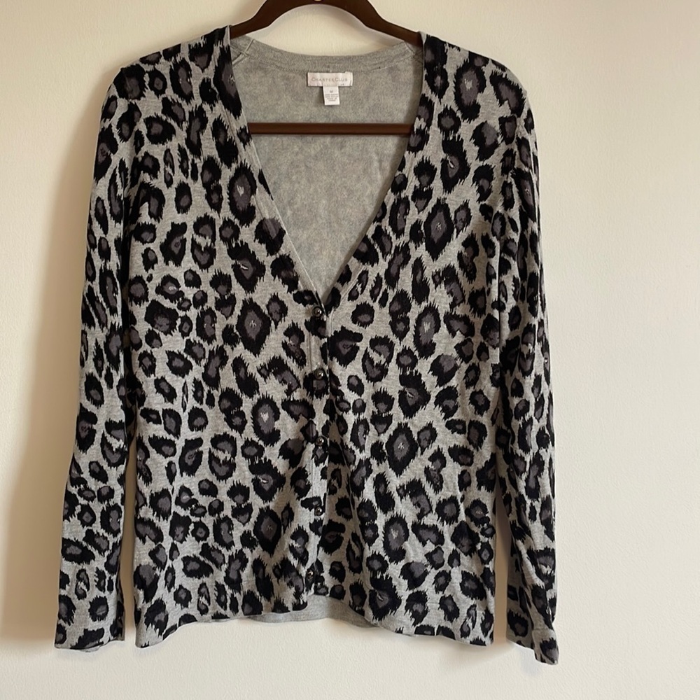 Charter Club Black and Gray Leopard Print Cardigan Sweater